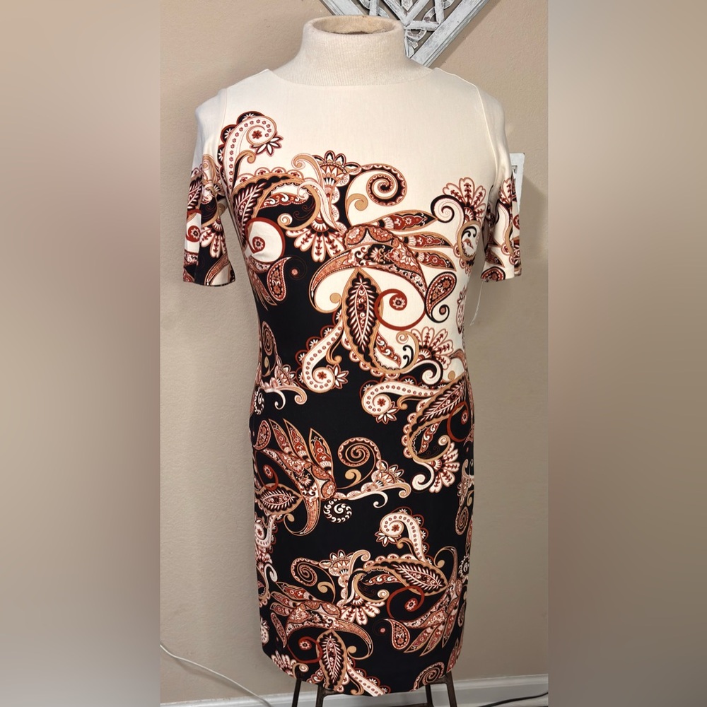 Chicos Paisley Print Ponte Sheath Dress US Size 4 Short Sleeve Back Zip